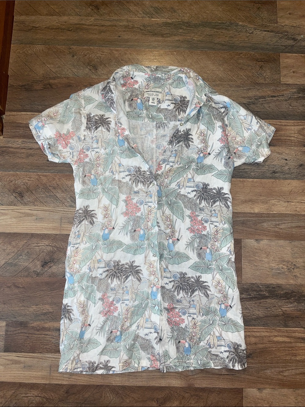 Rachel Zoe Linen Tropical Print Button-Down Shirt Dress in Pastel size Medium